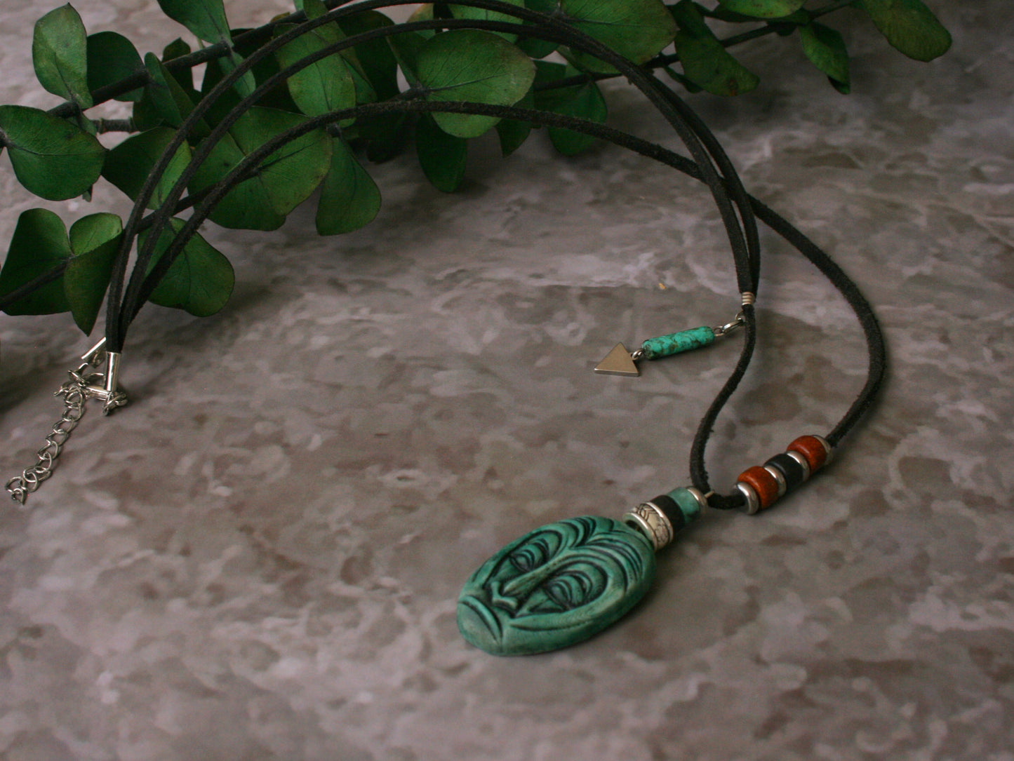 Handmade Tribal Mask Pendant Necklace – Tiki Maori Polymer Clay Amulet, Boho Ethnic Turquoise Necklace for Men & Women