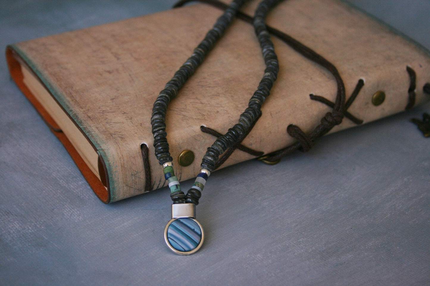 Men's Shell Choker Bracelet Set – Handmade Boho Tribal Surfer Necklace with Blue Pendant