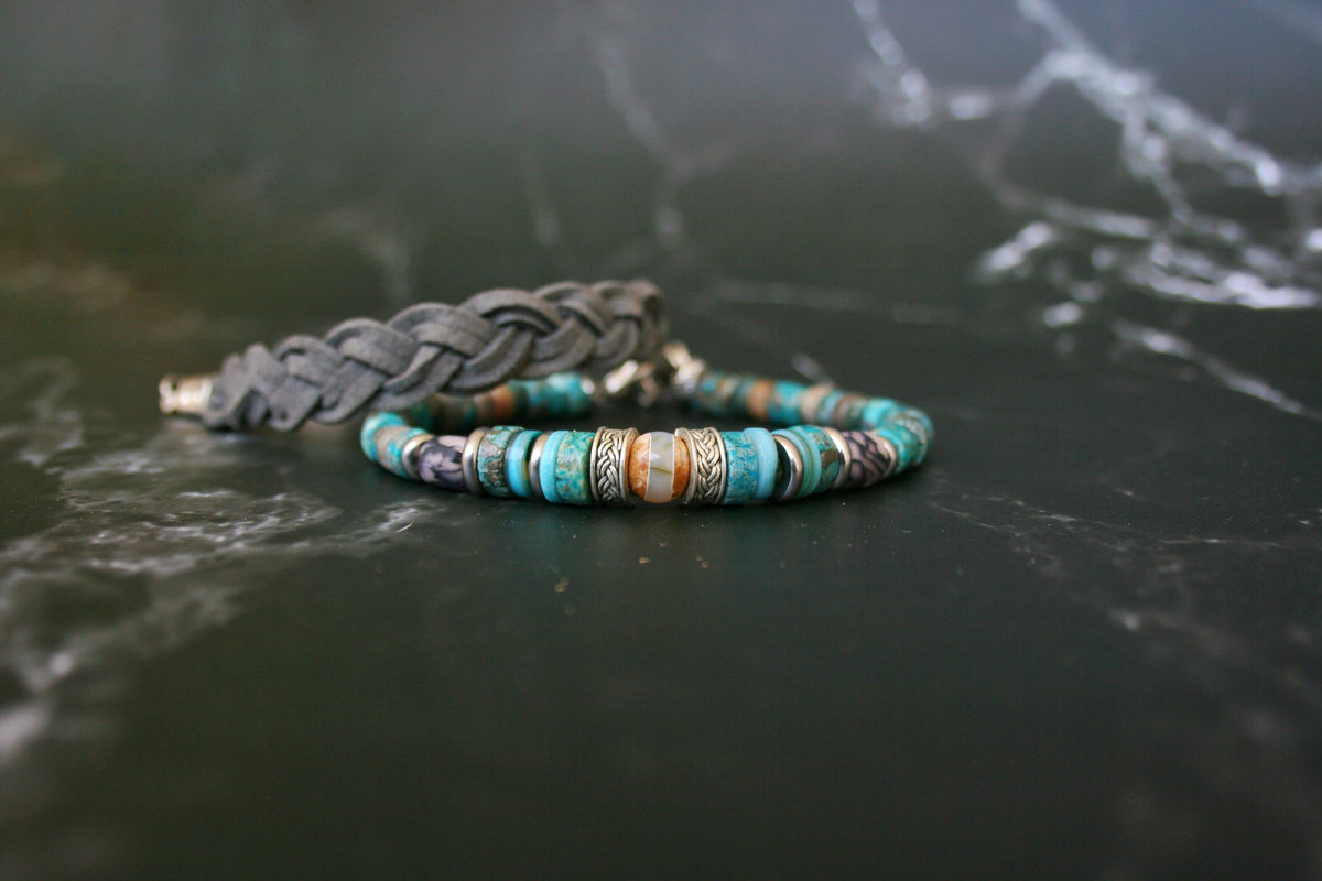 Men's Turquoise Gemstone & Braided Leather Bracelet Set – Boho Duo Bracelets