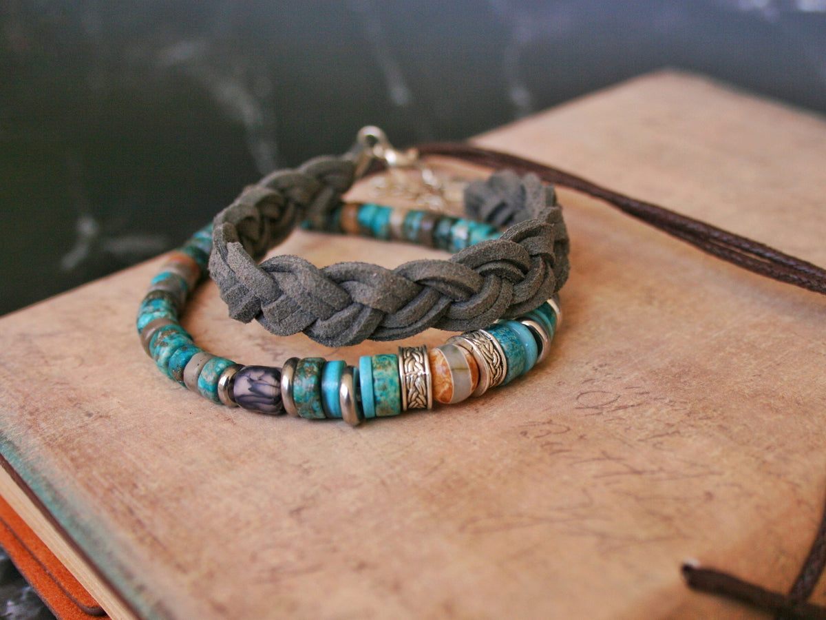 Men's Turquoise Gemstone & Braided Leather Bracelet Set – Boho Duo Bracelets