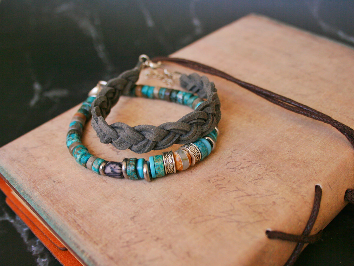 Men's Turquoise Gemstone & Braided Leather Bracelet Set – Boho Duo Bracelets