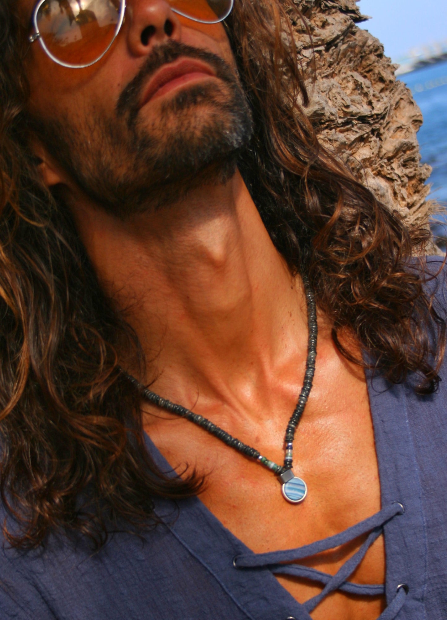 Men's Shell Choker Bracelet Set – Handmade Boho Tribal Surfer Necklace with Blue Pendant