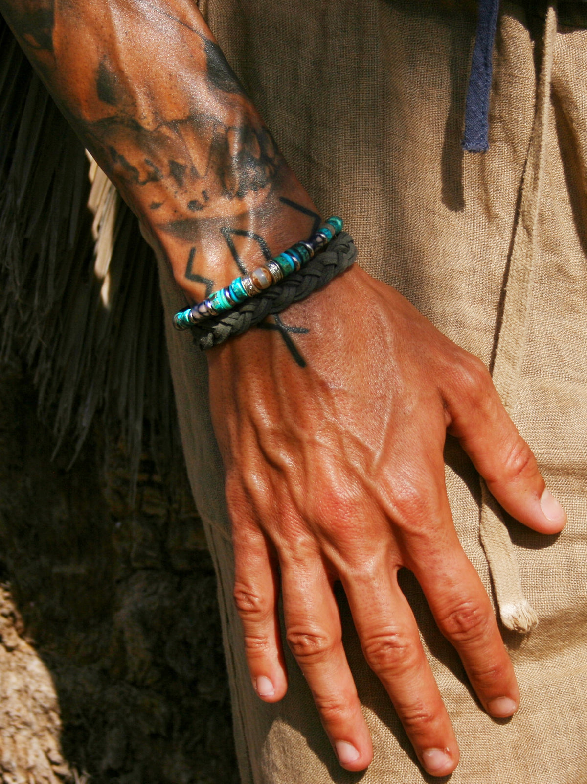 Men's Turquoise Gemstone & Braided Leather Bracelet Set – Boho Duo Bracelets