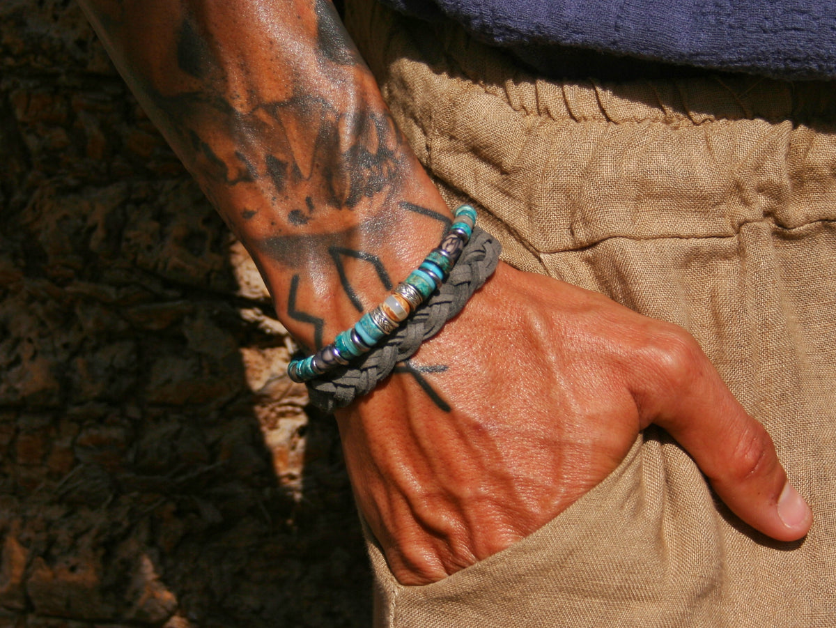 Men's Turquoise Gemstone & Braided Leather Bracelet Set – Boho Duo Bracelets