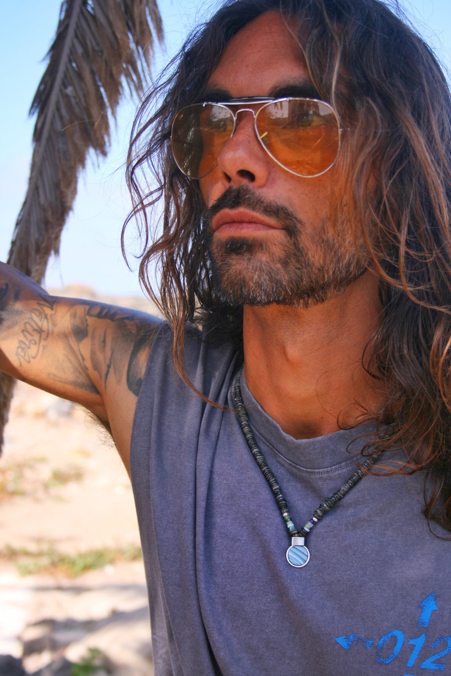 Men's Shell Choker Bracelet Set – Handmade Boho Tribal Surfer Necklace with Blue Pendant