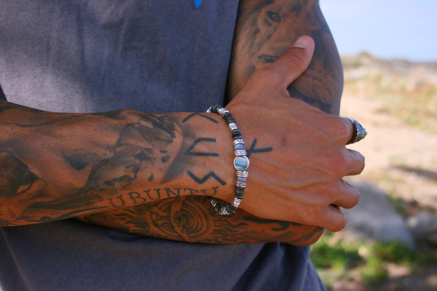 Men's Shell Choker Bracelet Set – Handmade Boho Tribal Surfer Necklace with Blue Pendant