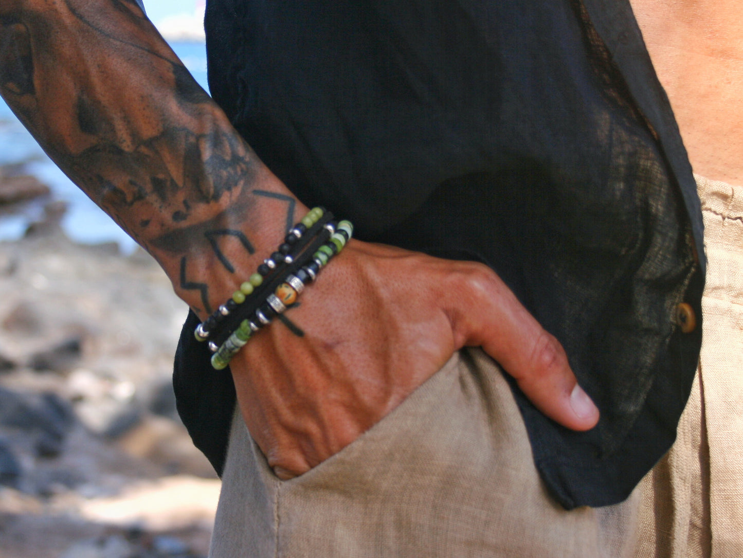 Mens Serpentine Stone Bracelet Set, Lava Bead Bracelet, Tibetan Agate Jewelry, Faux Leather Bracelet, Handmade Mens Gift
