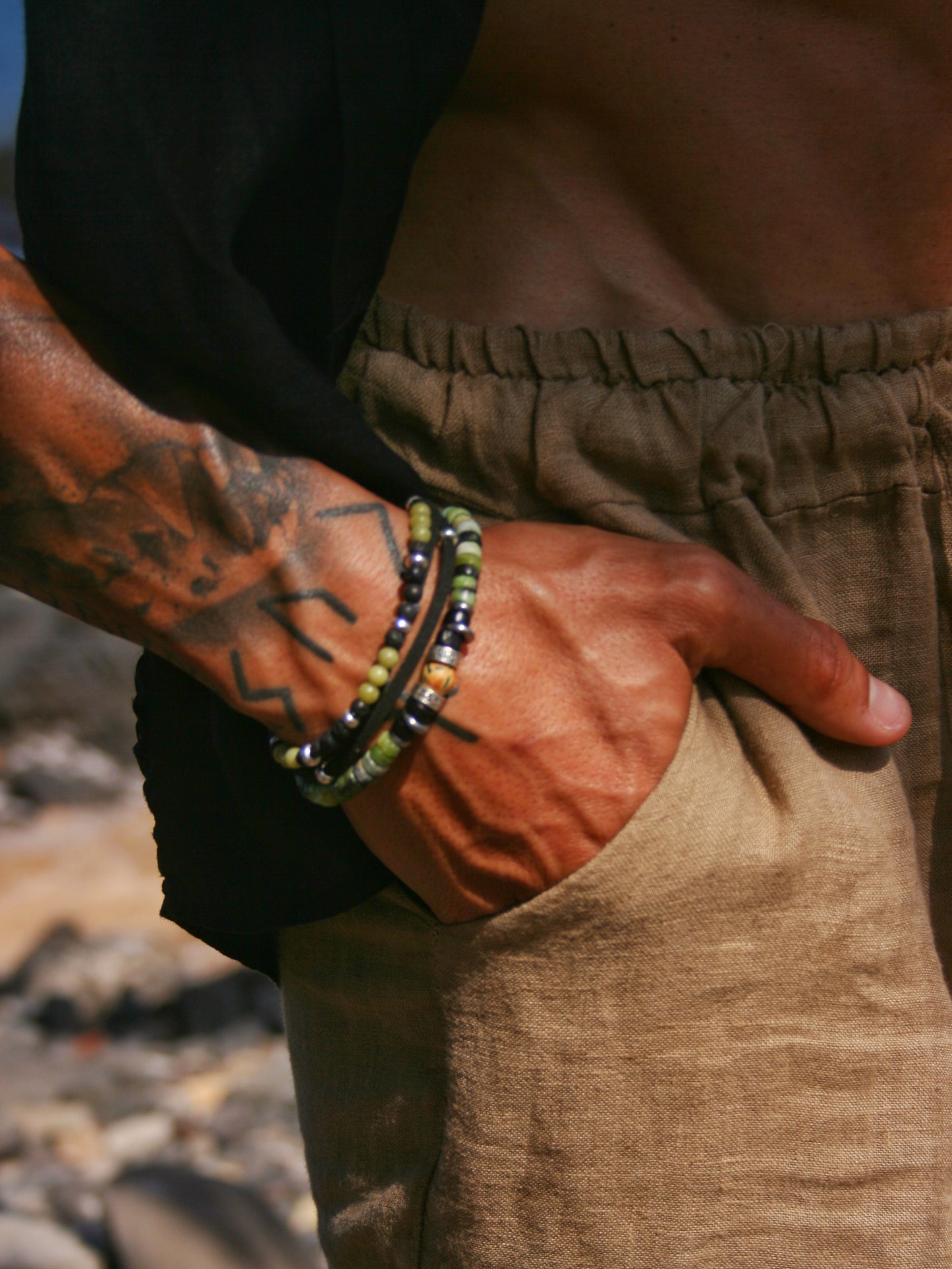 Mens Serpentine Stone Bracelet Set, Lava Bead Bracelet, Tibetan Agate Jewelry, Faux Leather Bracelet, Handmade Mens Gift