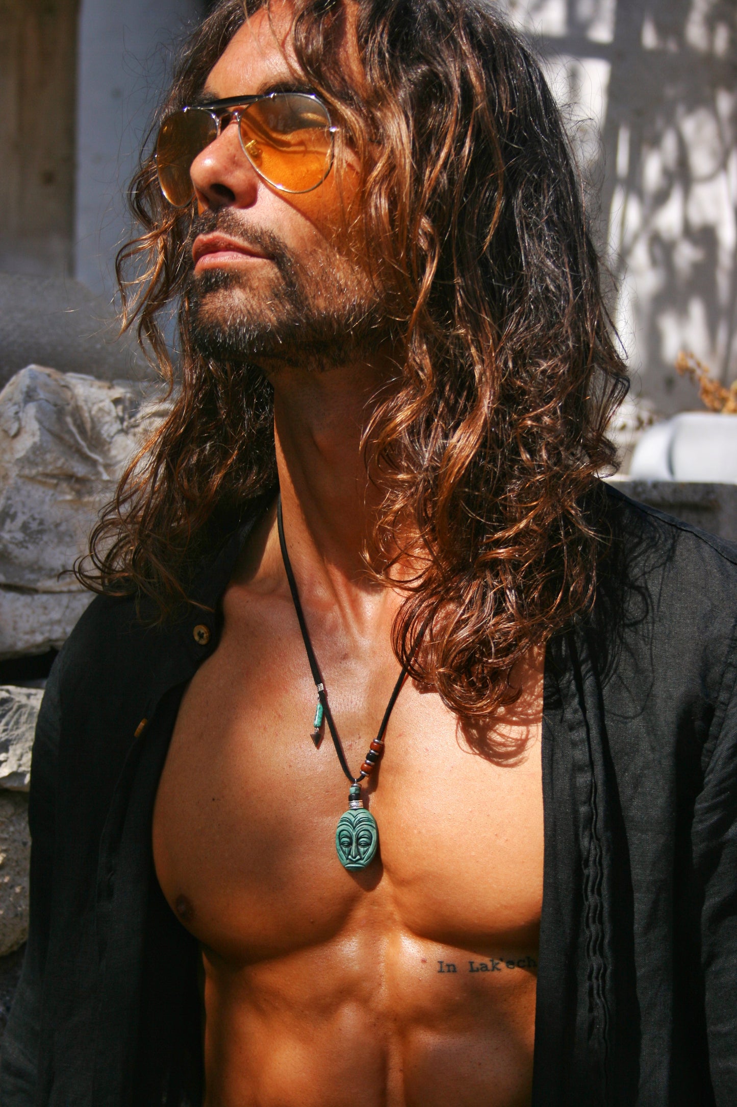 Handmade Tribal Mask Pendant Necklace – Tiki Maori Polymer Clay Amulet, Boho Ethnic Turquoise Necklace for Men & Women