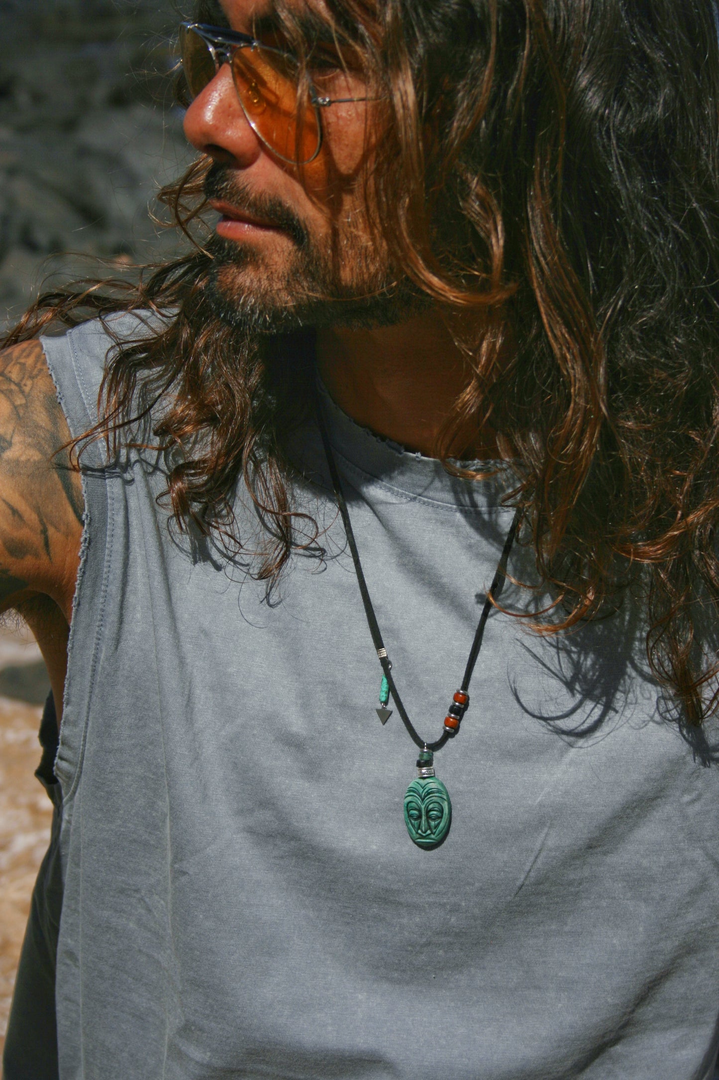 Handmade Tribal Mask Pendant Necklace – Tiki Maori Polymer Clay Amulet, Boho Ethnic Turquoise Necklace for Men & Women