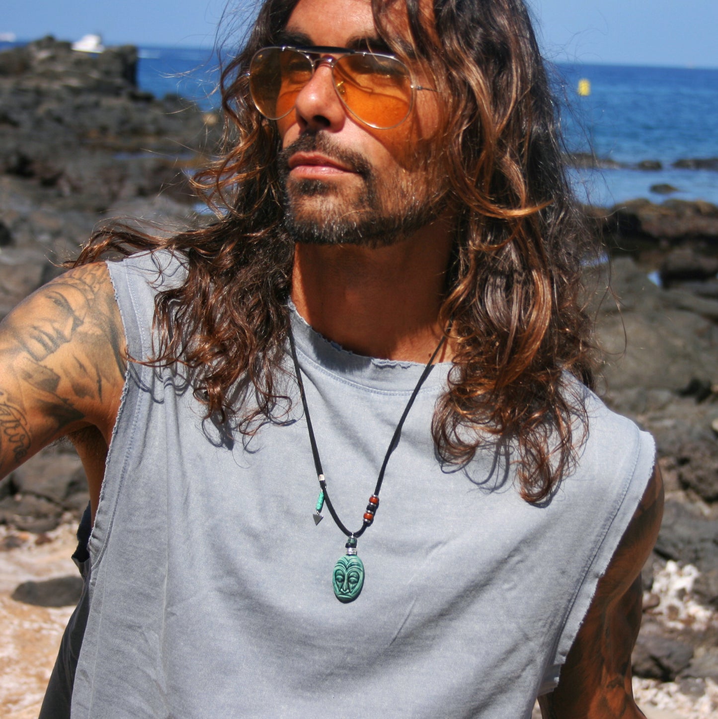 Handmade Tribal Mask Pendant Necklace – Tiki Maori Polymer Clay Amulet, Boho Ethnic Turquoise Necklace for Men & Women