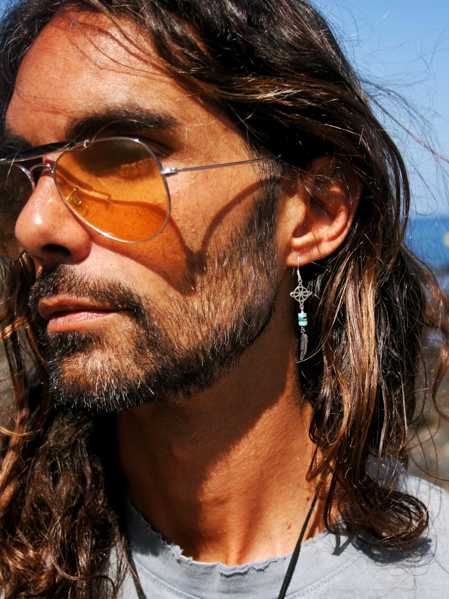 Single Celtic Knot Feather Earring for Men – Turquoise Stainless Steel Witchy Jewelry