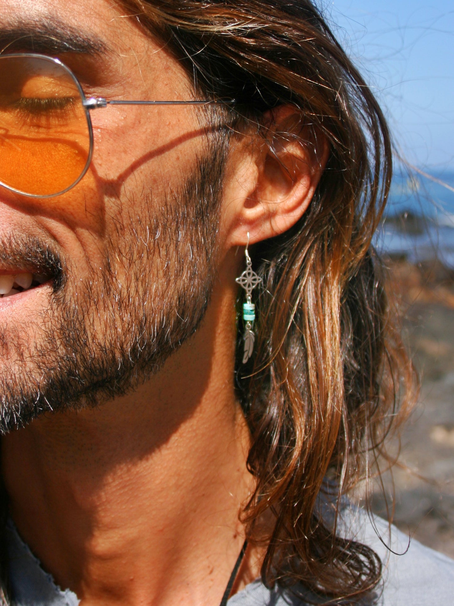 Single Celtic Knot Feather Earring for Men – Turquoise Stainless Steel Witchy Jewelry
