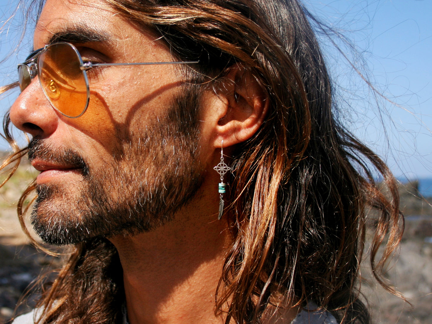 Single Celtic Knot Feather Earring for Men – Turquoise Stainless Steel Witchy Jewelry