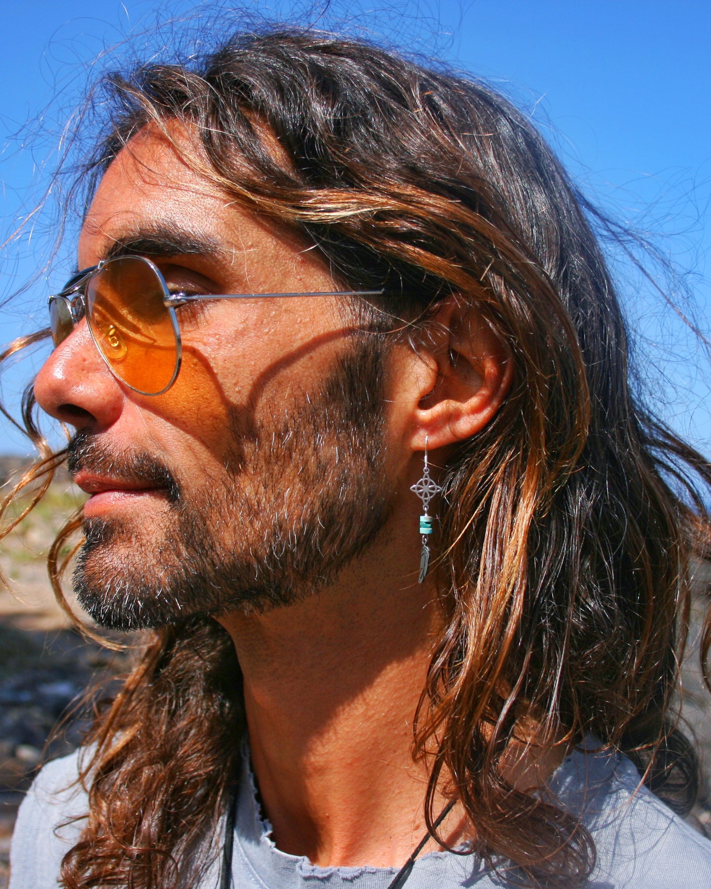 Single Celtic Knot Feather Earring for Men – Turquoise Stainless Steel Witchy Jewelry