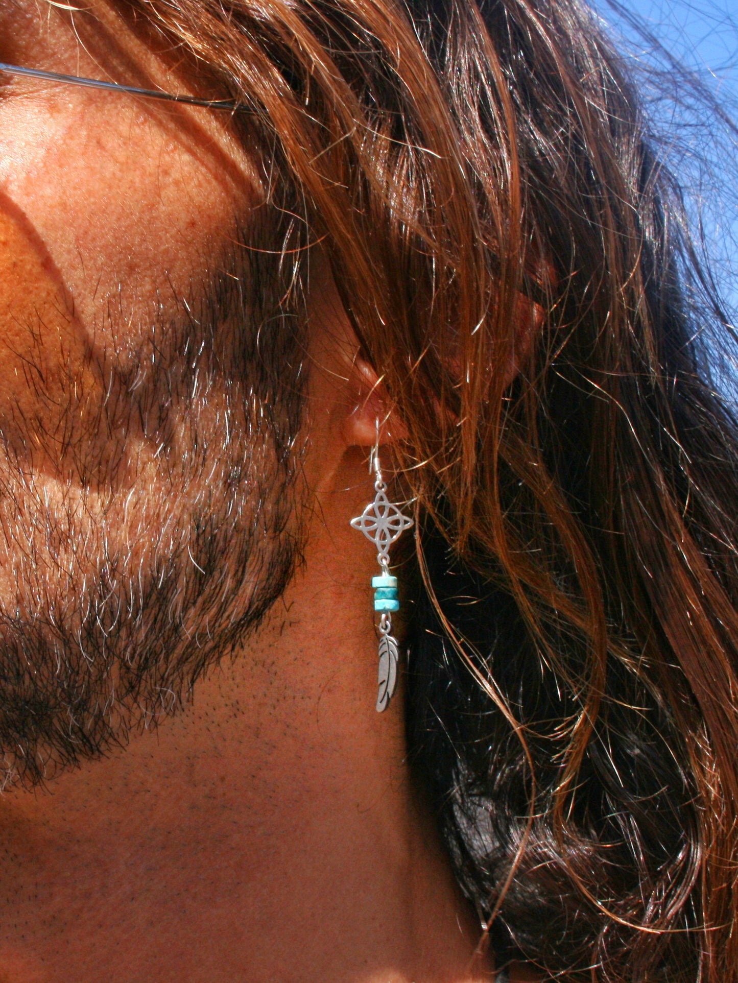 Single Celtic Knot Feather Earring for Men – Turquoise Stainless Steel Witchy Jewelry