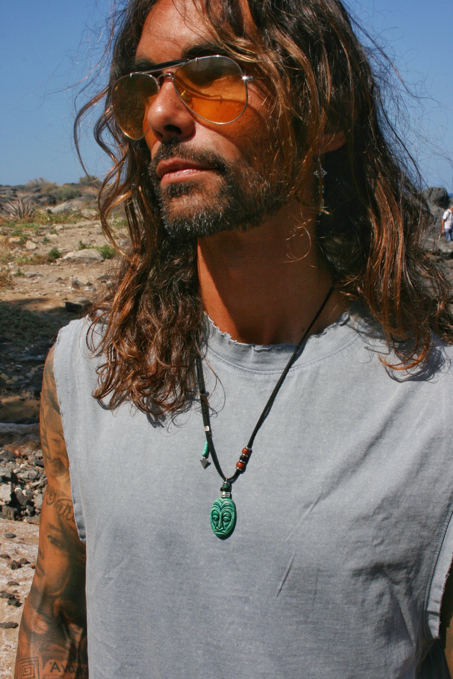 Handmade Tribal Mask Pendant Necklace – Tiki Maori Polymer Clay Amulet, Boho Ethnic Turquoise Necklace for Men & Women