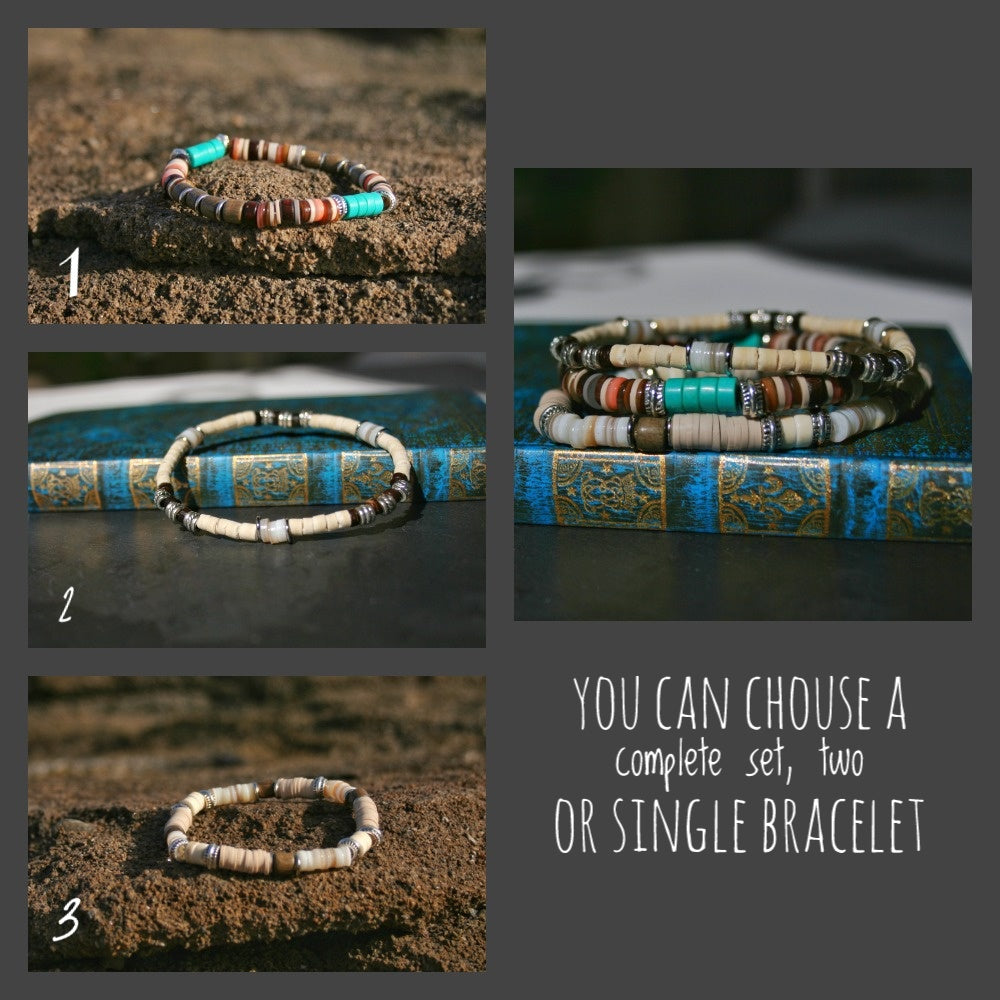 Men's Turquoise Bracelet Set, Greywood Wood & Shell Stretch Bracelets, Boho Layered Bracelet Stack, Natural Beaded Jewelry Gift for Him