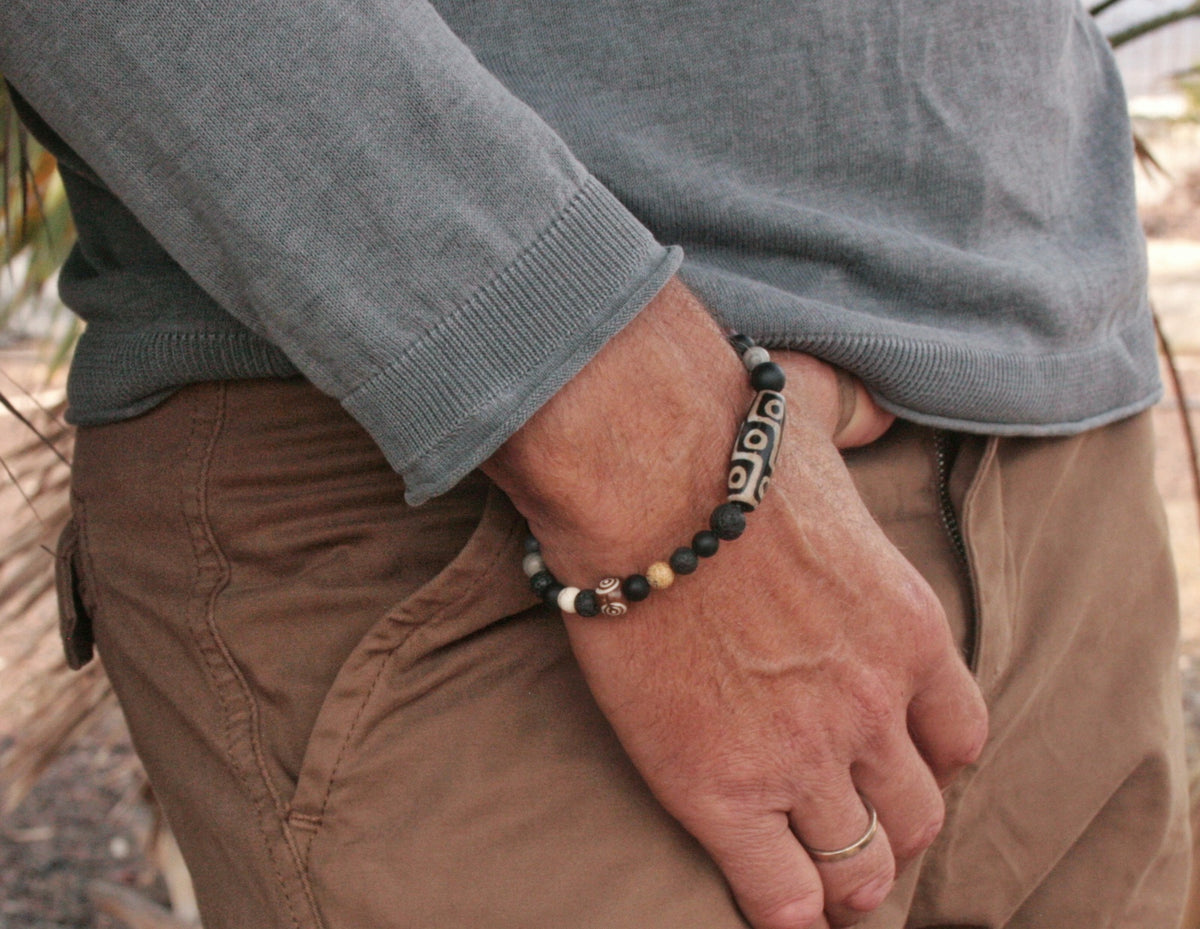 Men’s Tibetan Agate Bracelet – Black Agate, Lava Stone & Wood Beaded Bracelet