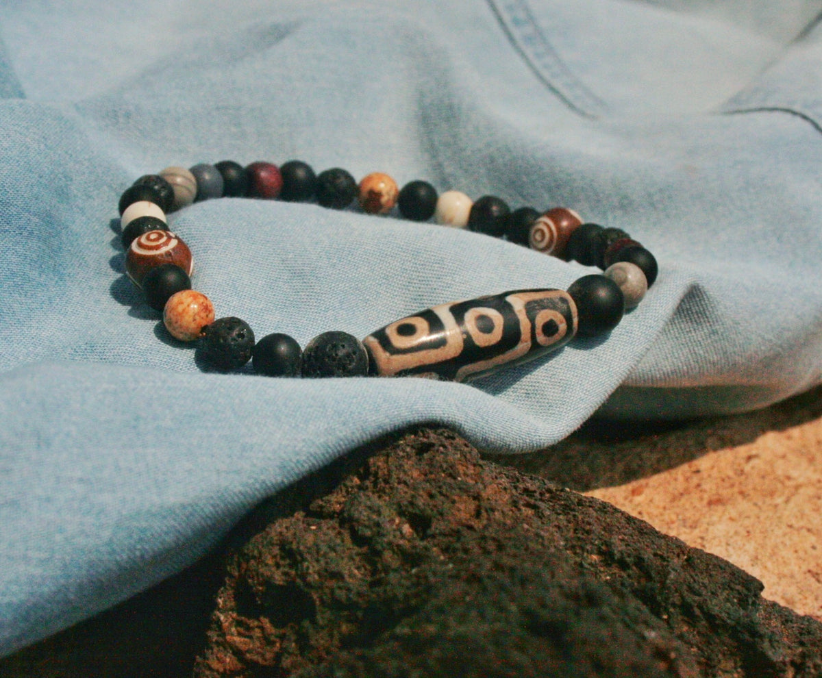Men’s Tibetan Agate Bracelet – Black Agate, Lava Stone & Wood Beaded Bracelet