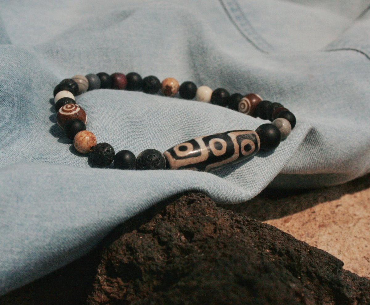 Men’s Tibetan Agate Bracelet – Black Agate, Lava Stone & Wood Beaded Bracelet