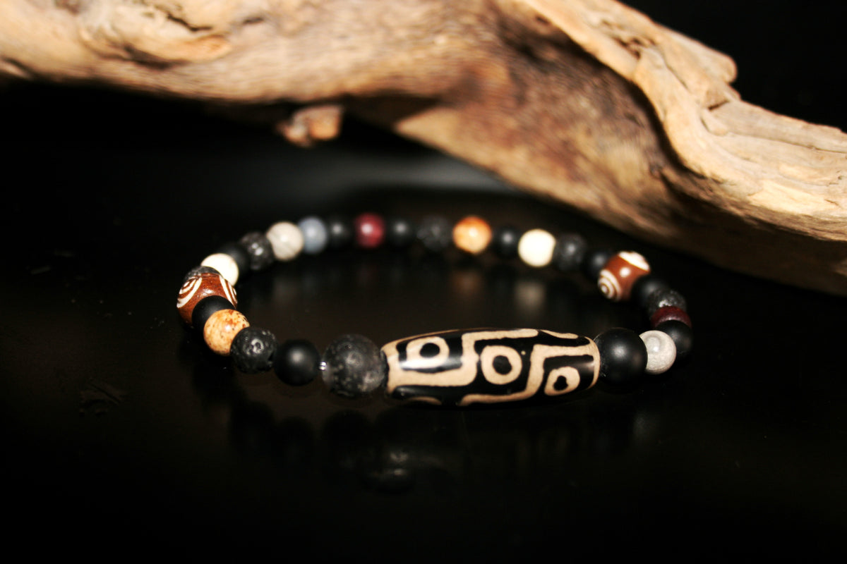 Men’s Tibetan Agate Bracelet – Black Agate, Lava Stone & Wood Beaded Bracelet