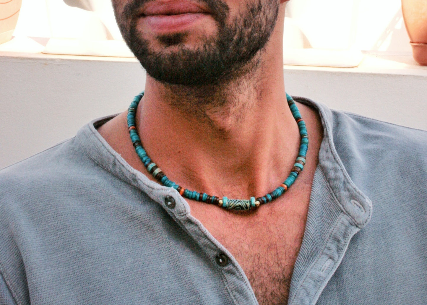 Turquoise Heishi Choker Necklace for Men – Boho Gemstone Beaded Handmade Jewelry