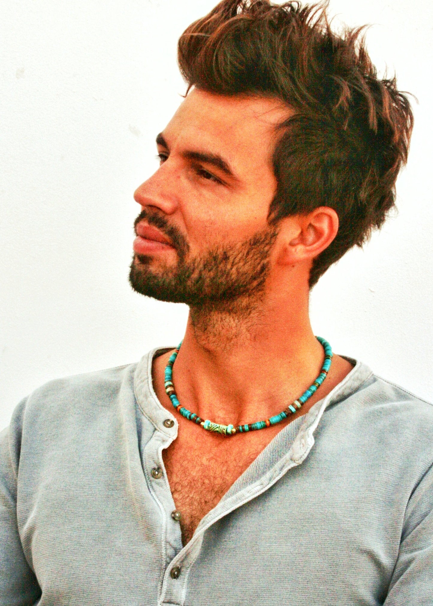 Turquoise Heishi Choker Necklace for Men – Boho Gemstone Beaded Handmade Jewelry