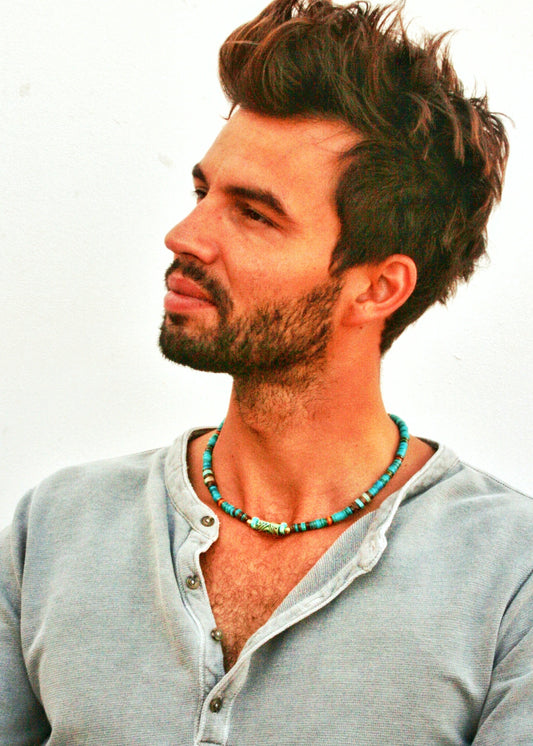 Turquoise Heishi Choker Necklace for Men – Boho Gemstone Beaded Handmade Jewelry
