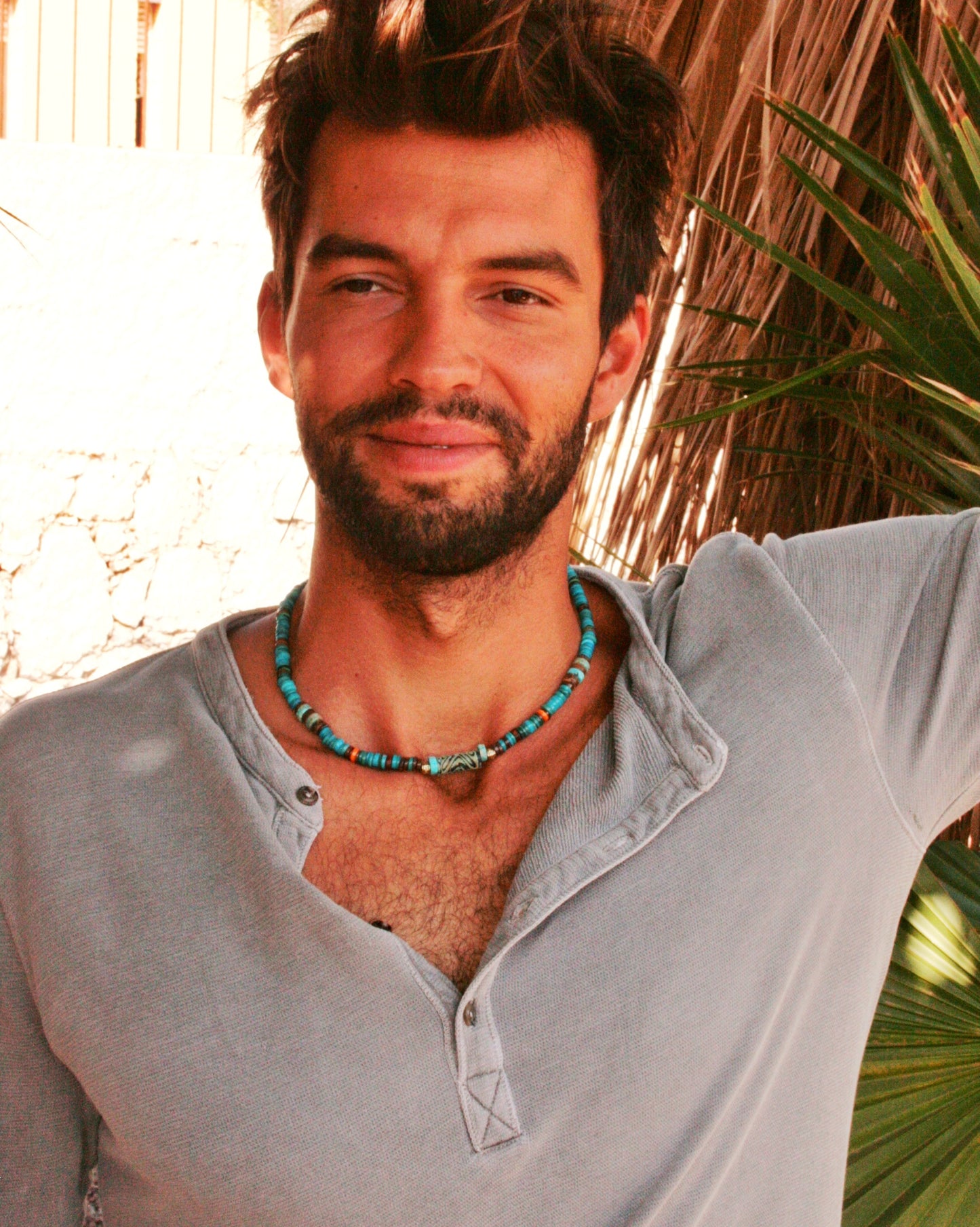 Turquoise Heishi Choker Necklace for Men – Boho Gemstone Beaded Handmade Jewelry