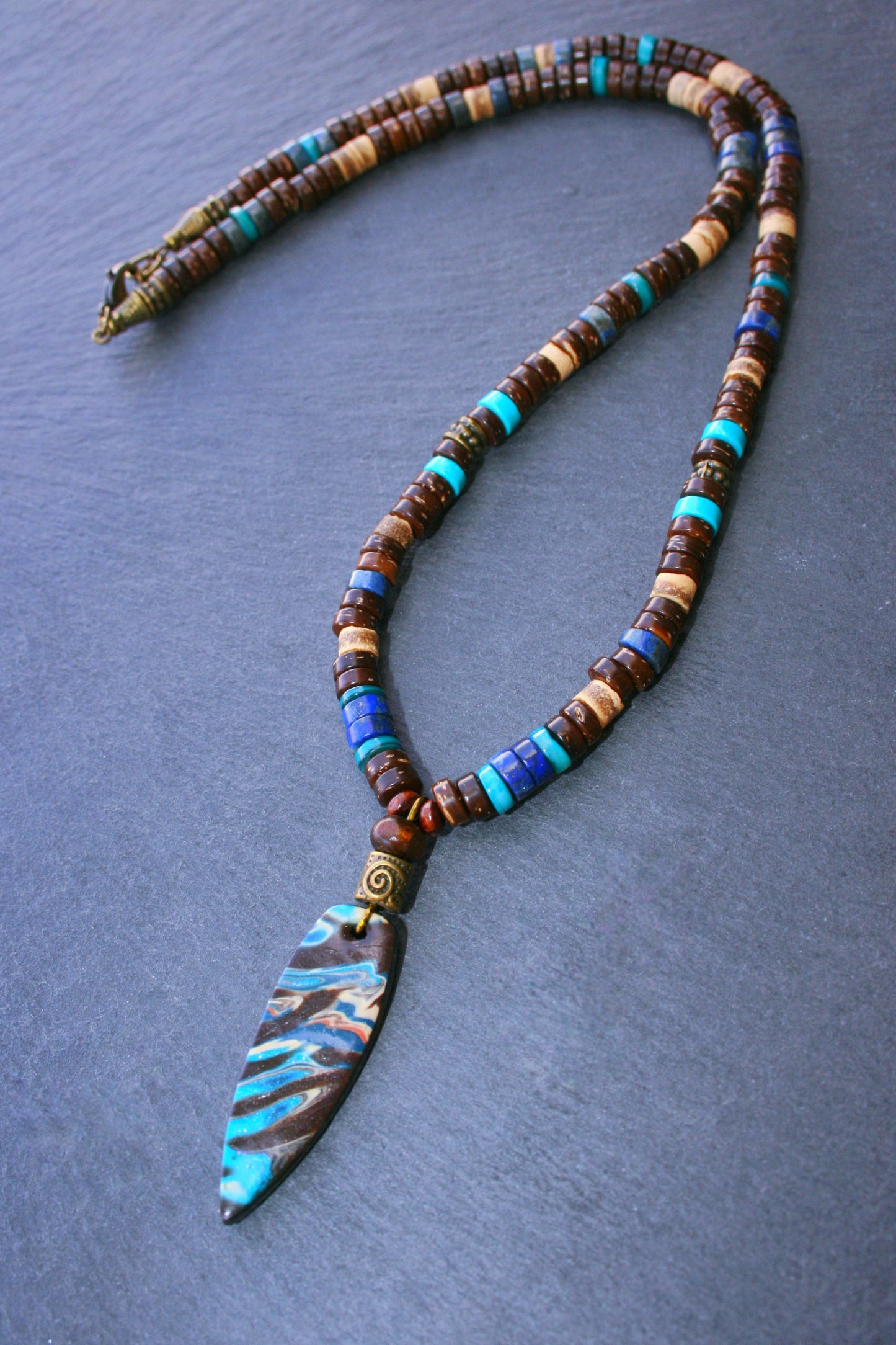 Boho Beaded Necklace for Men & Women – Handmade Polymer Clay Pendant with Coconut Wood, Turquoise & Lapis Beads