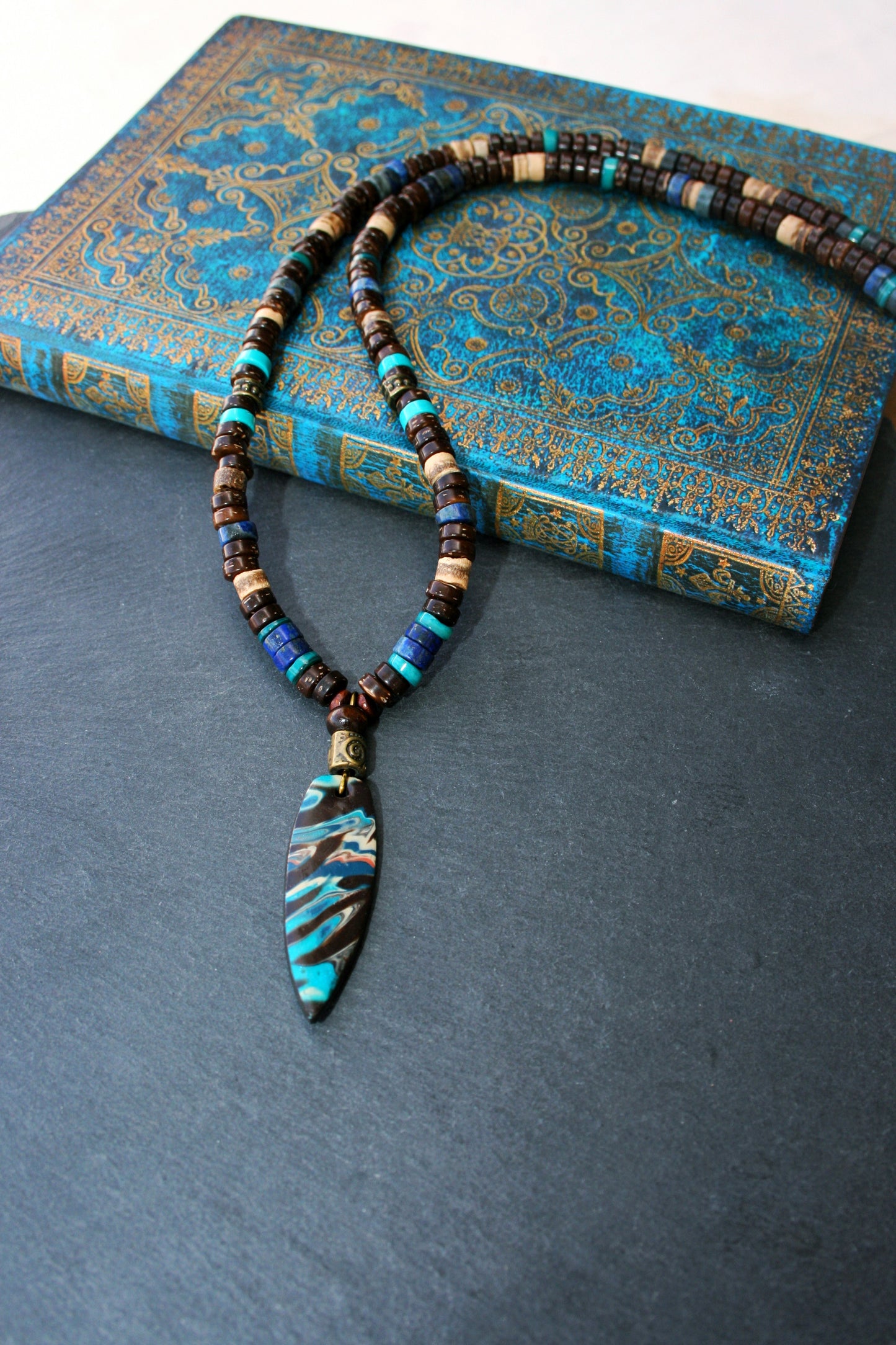 Boho Beaded Necklace for Men & Women – Handmade Polymer Clay Pendant with Coconut Wood, Turquoise & Lapis Beads