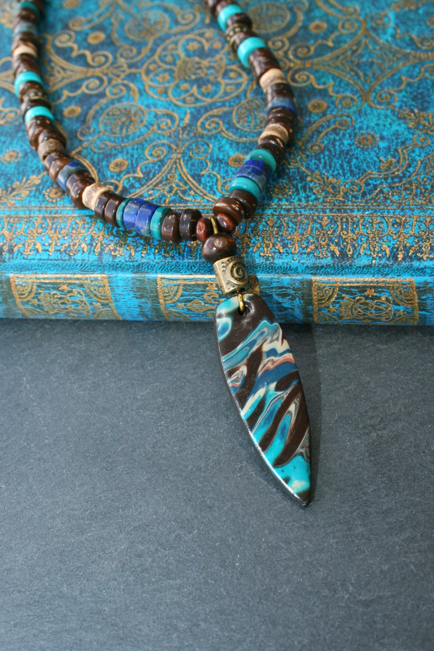 Boho Beaded Necklace for Men & Women – Handmade Polymer Clay Pendant with Coconut Wood, Turquoise & Lapis Beads