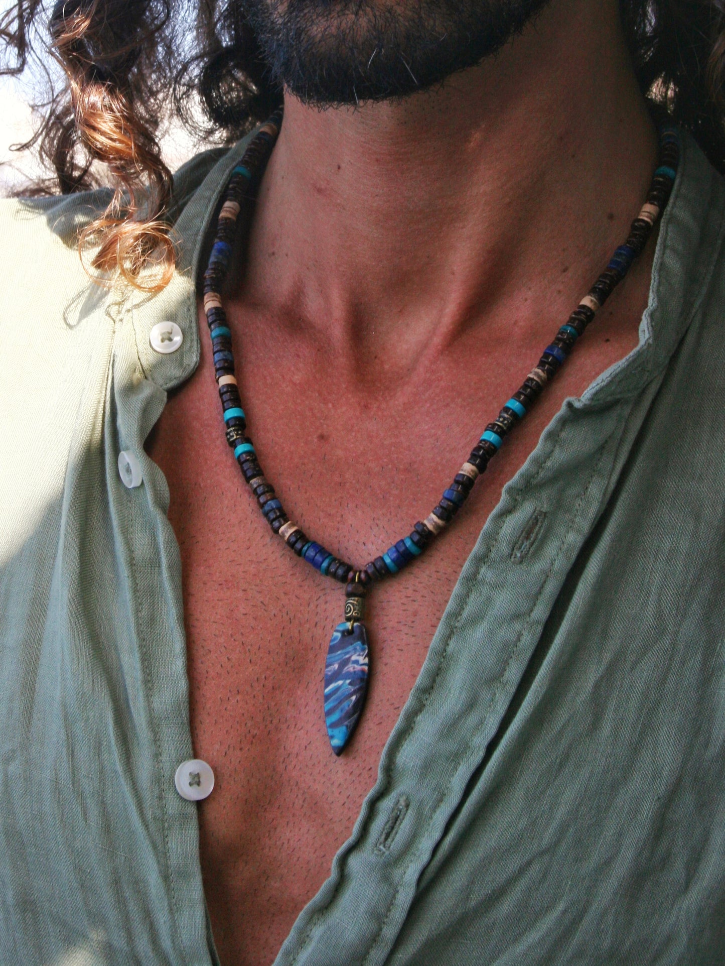 Boho Beaded Necklace for Men & Women – Handmade Polymer Clay Pendant with Coconut Wood, Turquoise & Lapis Beads