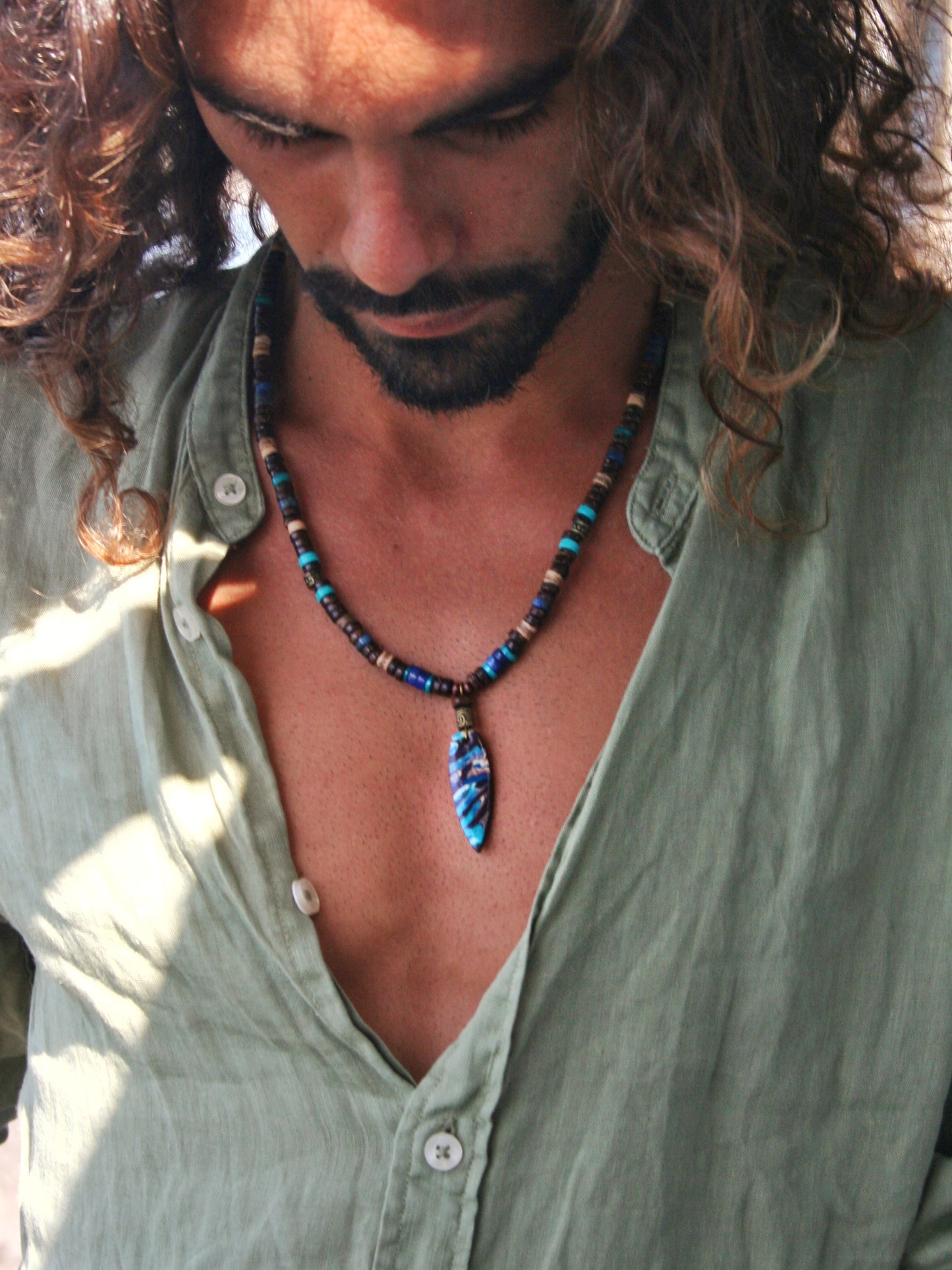 Boho Beaded Necklace for Men & Women – Handmade Polymer Clay Pendant with Coconut Wood, Turquoise & Lapis Beads