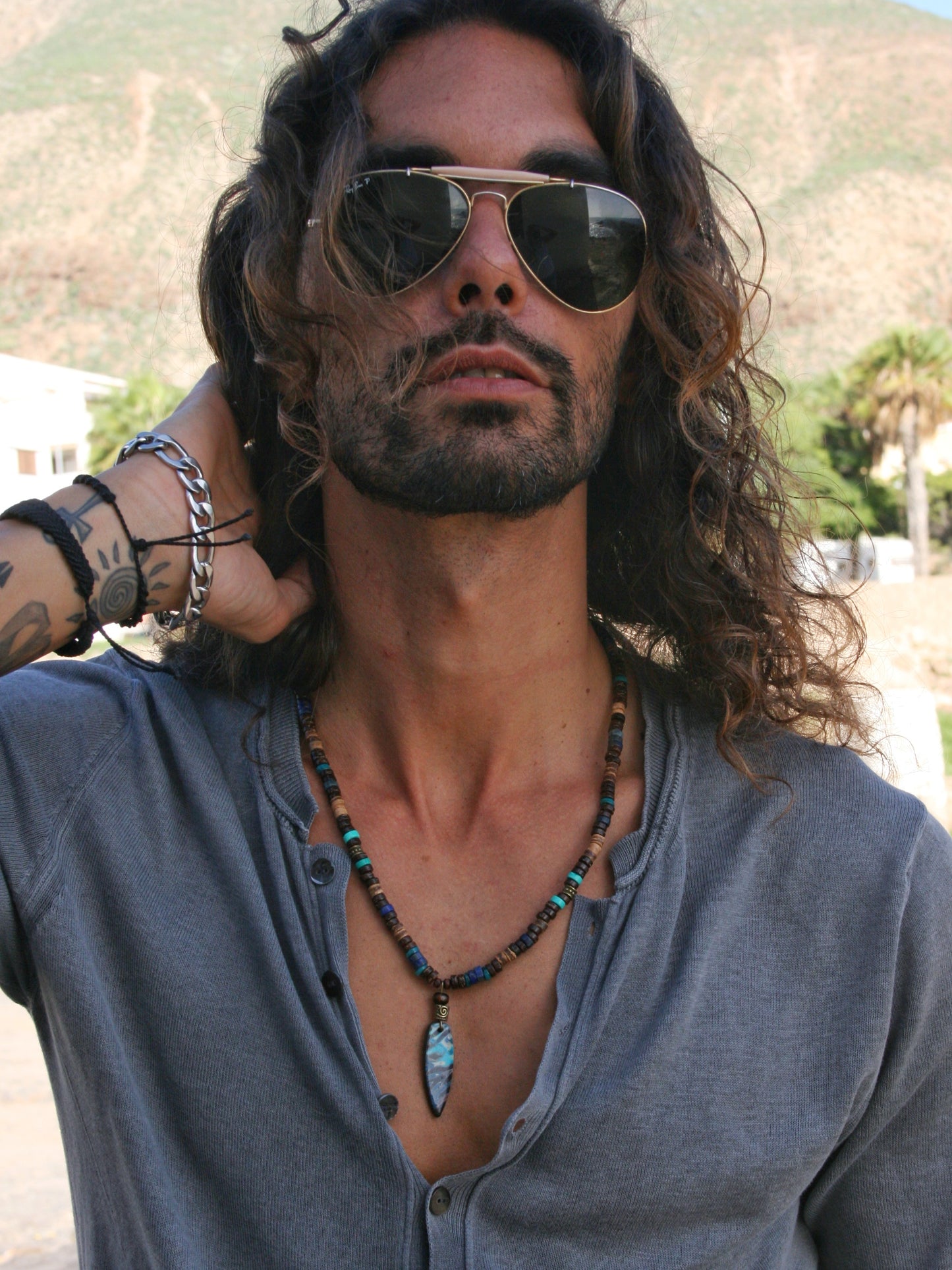 Boho Beaded Necklace for Men & Women – Handmade Polymer Clay Pendant with Coconut Wood, Turquoise & Lapis Beads
