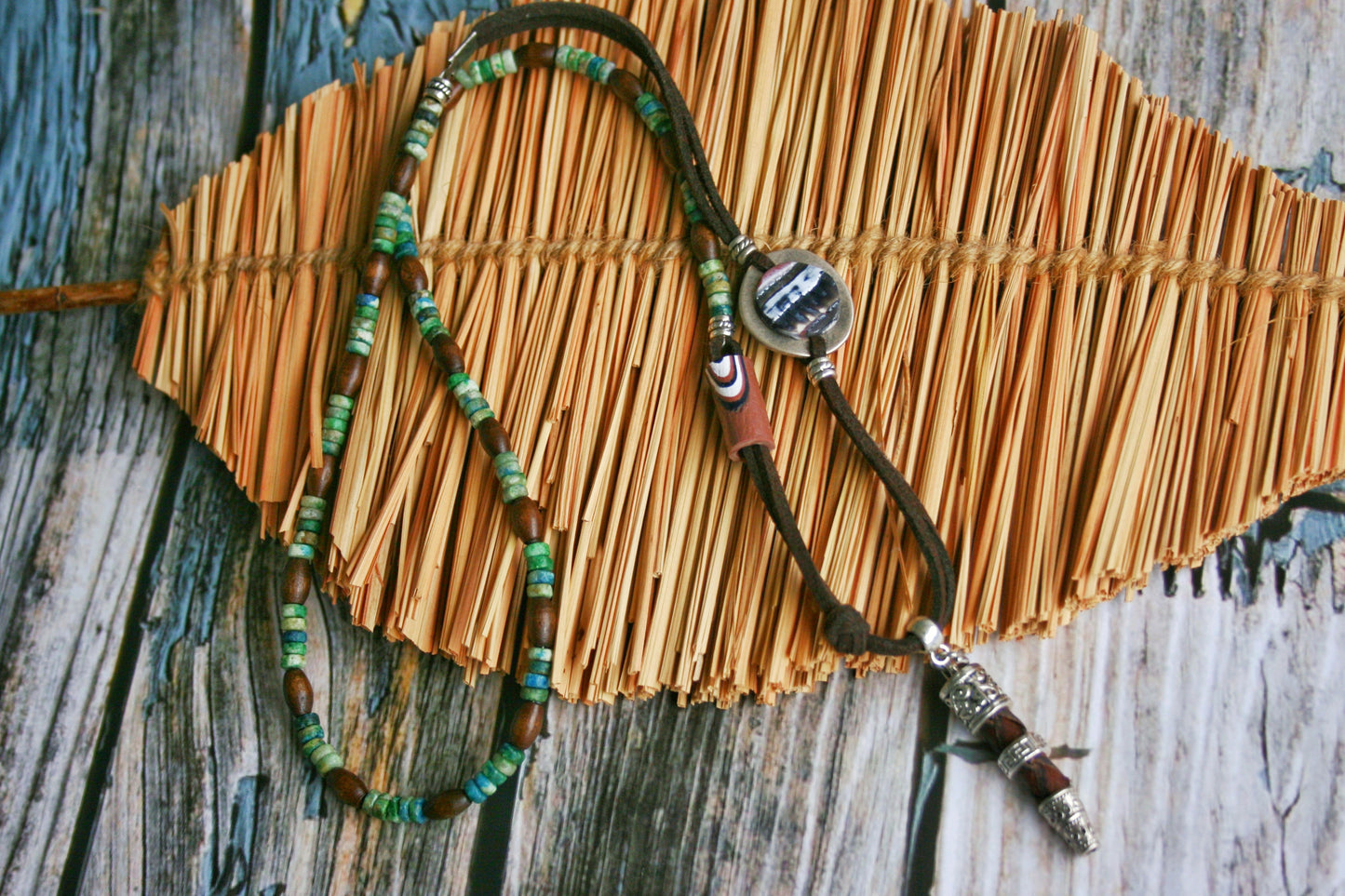 Mens Viking Arrow Necklace: Asymmetric Leather, Gemstone & Beaded Pendant with Matching Bracelet
