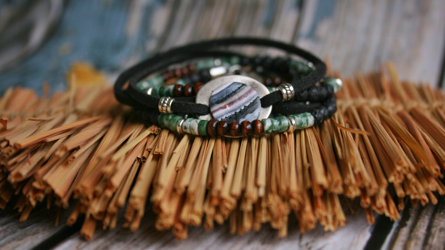 Mens Viking Arrow Necklace: Asymmetric Leather, Gemstone & Beaded Pendant with Matching Bracelet