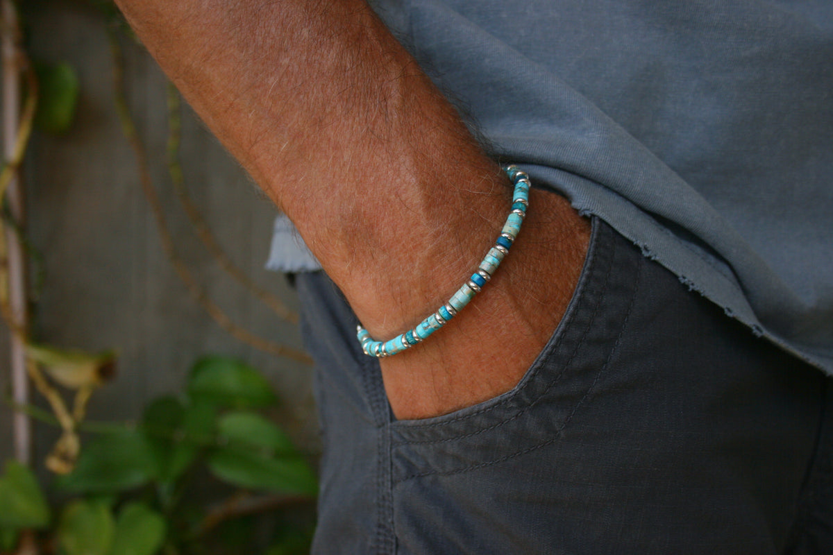 Men’s Turquoise & Lapis Lazuli Bracelet – Thin 4mm Gemstone Beaded Bracelet