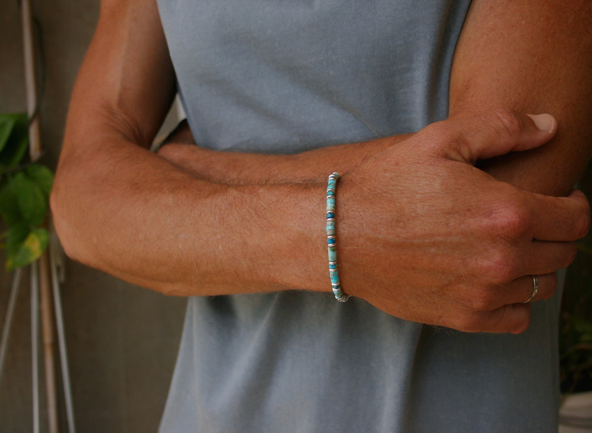 Men’s Turquoise & Lapis Lazuli Bracelet – Thin 4mm Gemstone Beaded Bracelet