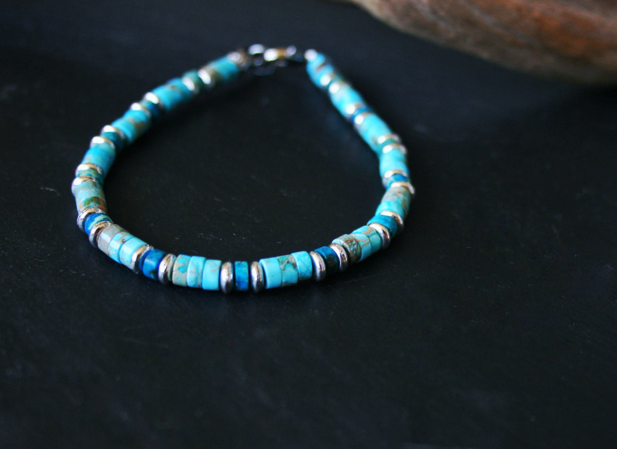 Men’s Turquoise & Lapis Lazuli Bracelet – Thin 4mm Gemstone Beaded Bracelet