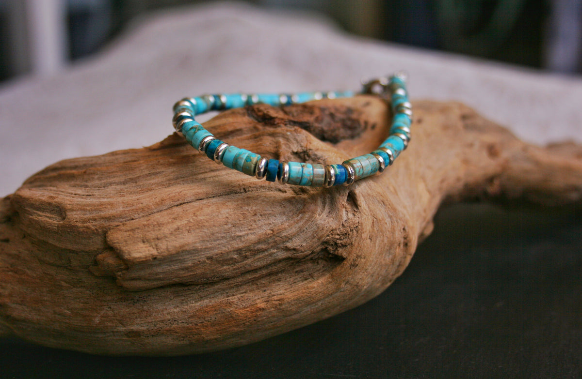 Men’s Turquoise & Lapis Lazuli Bracelet – Thin 4mm Gemstone Beaded Bracelet